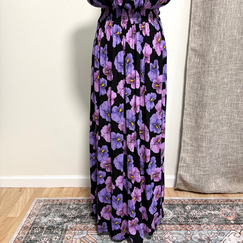 Ava Sky Hawaii Womens Floral Maxi Dress L Black Purple Deep V-Neck Front Slit - Picture 12 of 12
